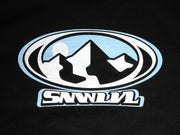 Detailed close-up of nostalgic Y2K mountain logo on premium thick cotton tee, black fabric with light blue outlined peaks and oval border design