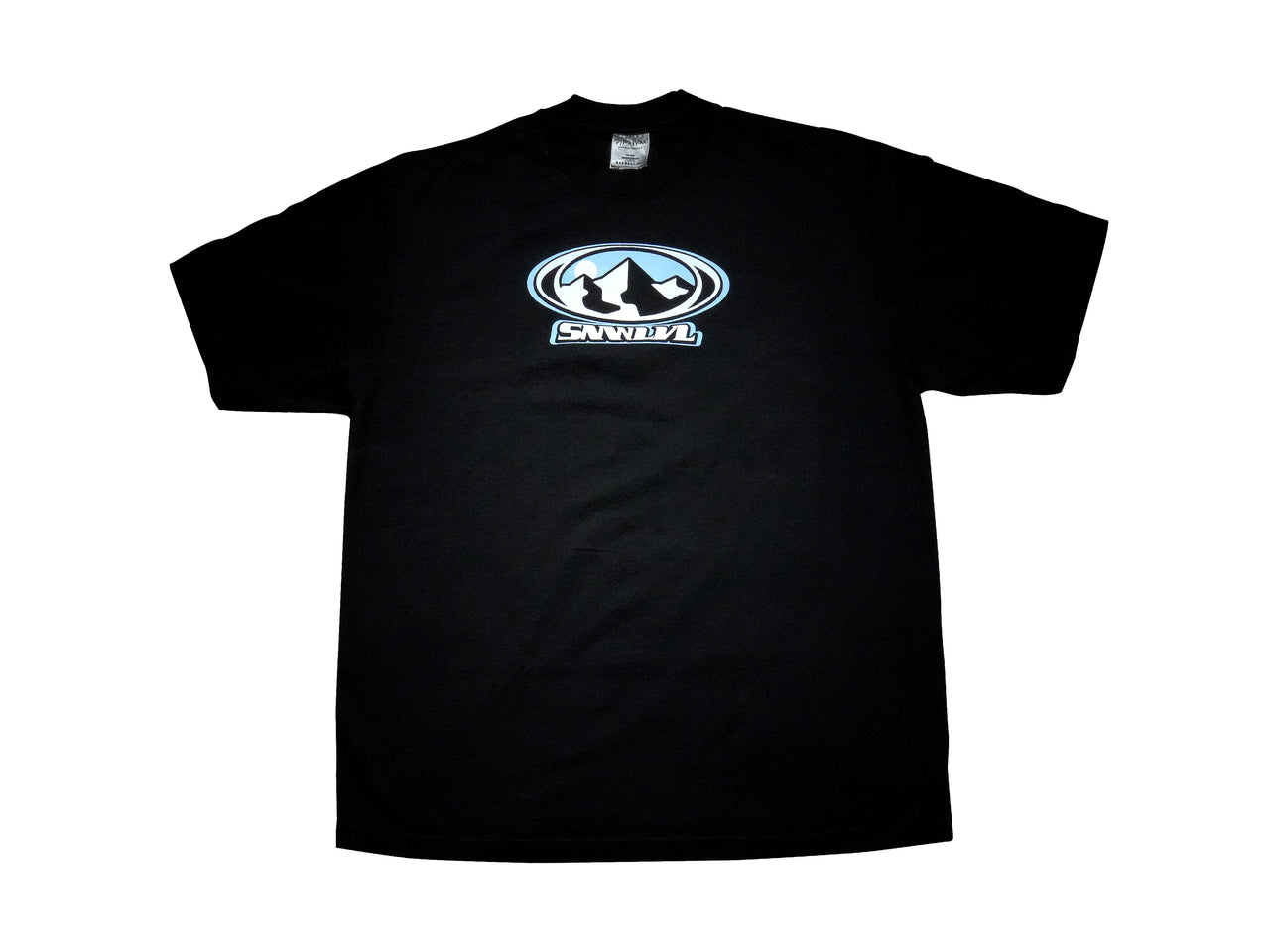 Heavyweight cotton t-shirt with Y2K-inspired mountain peaks logo, bold retro logo design in early 2000s aesthetic, streetwear style