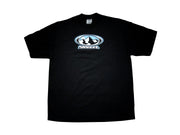 Heavyweight cotton t-shirt with Y2K-inspired mountain peaks logo, bold retro logo design in early 2000s aesthetic, streetwear style