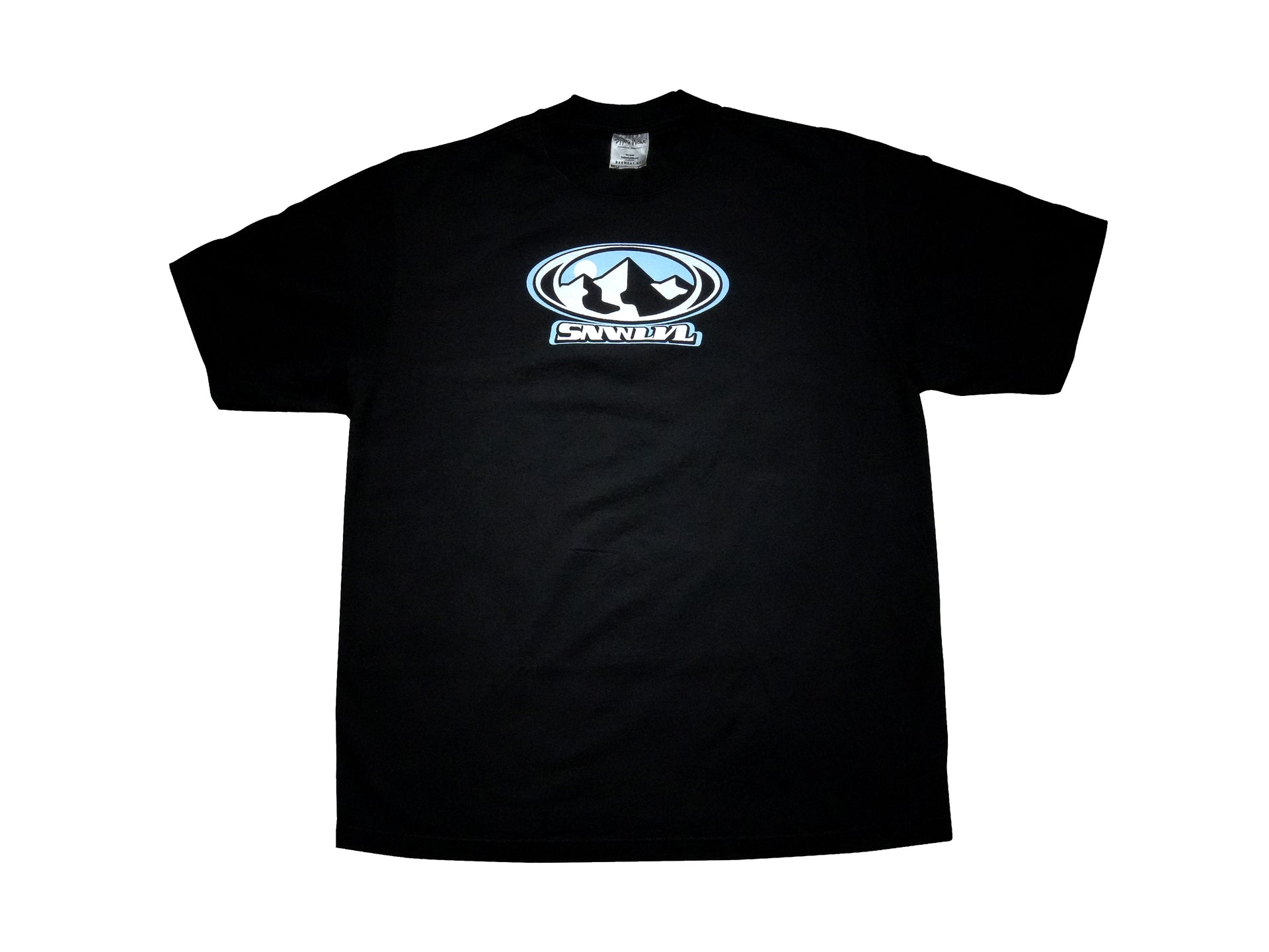 Heavyweight cotton t-shirt with Y2K-inspired mountain peaks logo, bold retro logo design in early 2000s aesthetic, streetwear style