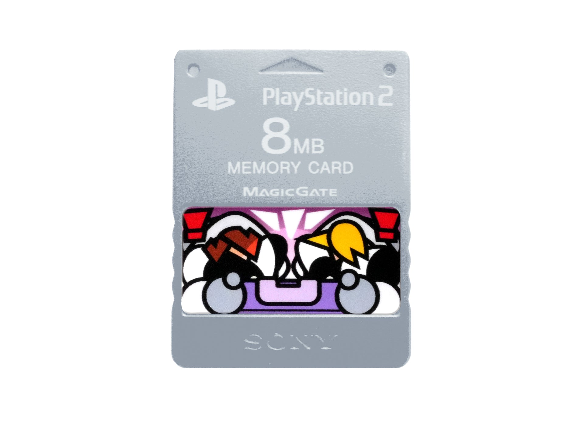 Custom pink ice PS2 memory card sticker applied on official Sony memory card – glossy decal close-up